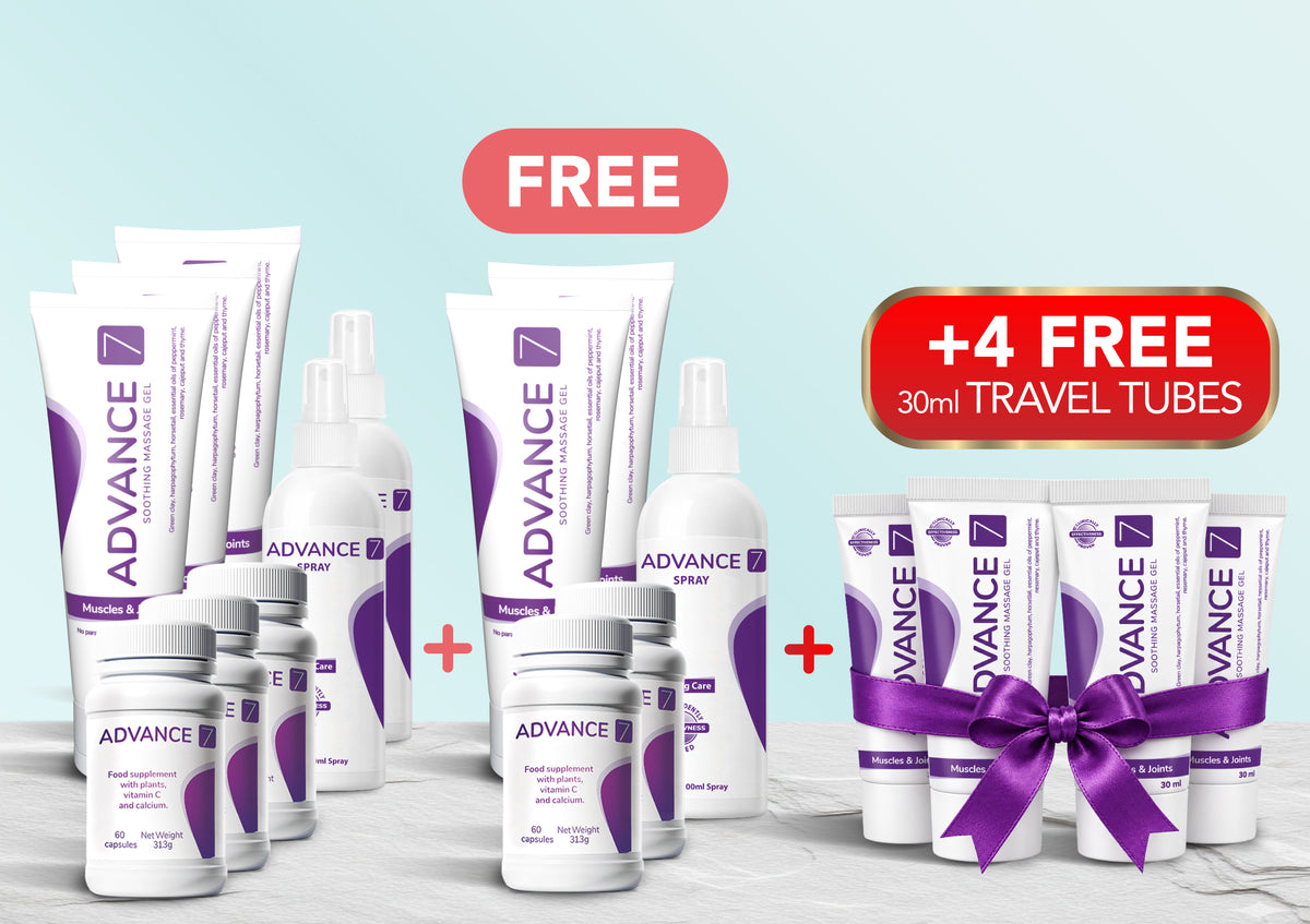 Advance7 ULTIMATE Relief Programme with four free 30ml travel tubes tied with a bow
