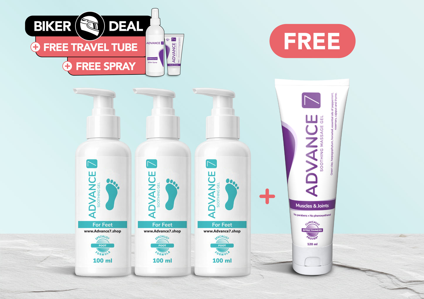 Extended Relief Foot Course – 3 Pumps plus 120ml Advance7 Gel Free