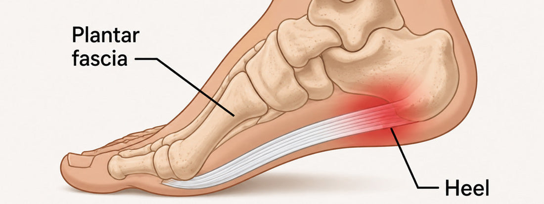 Plantar fasciitis diagram showing the inflamed plantar fascia and the heel