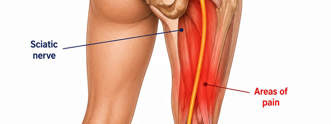 Sciatica diagram showing the sciatic nerve running from the lower back down the leg
