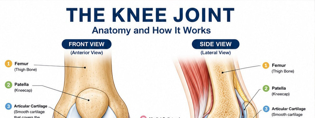 Knee anatomy diagram showing the kneecap, menisci and bursae involved in knee pain
