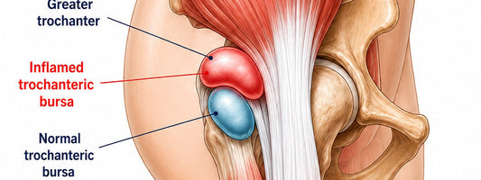 Trochanteric bursitis diagram showing the inflamed bursa on the outside of the hip