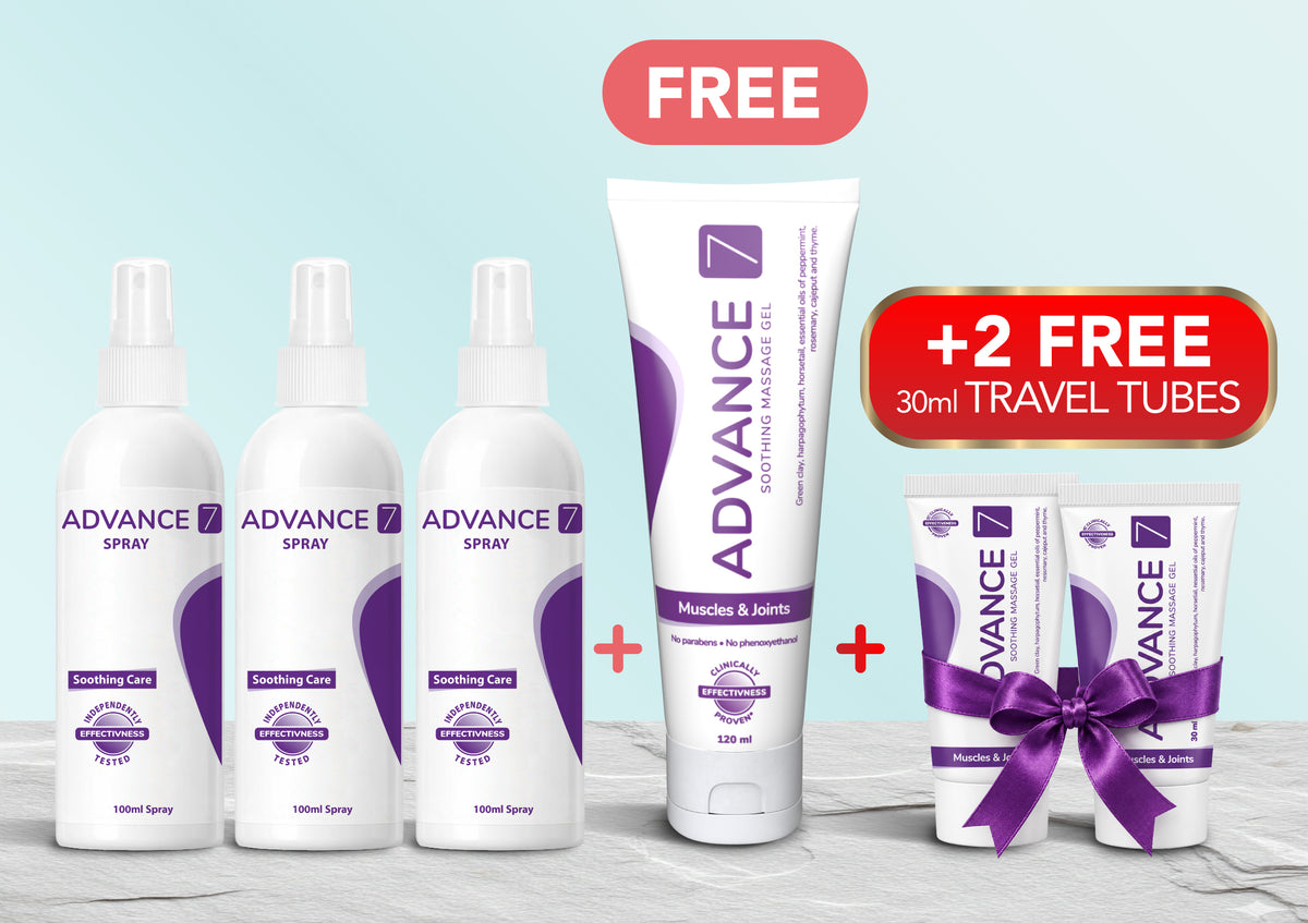 Advance7 Extended Relief Course Spray with two free 30ml travel tubes tied with a bow