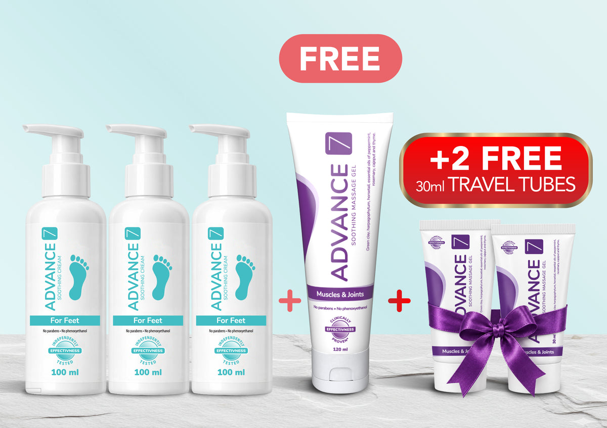 Advance7 Extended Relief Foot Course with two free 30ml travel tubes tied with a bow