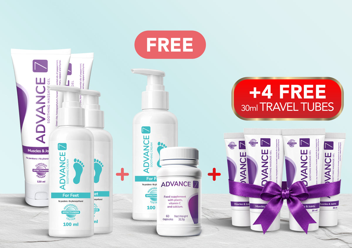 Advance7 Foot Relief MAXIMUM Programme with four free 30ml travel tubes tied with a bow