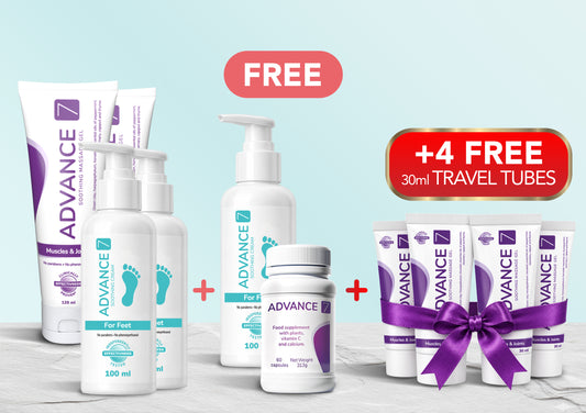 Advance7 Foot Relief MAXIMUM Programme with four free 30ml travel tubes tied with a bow