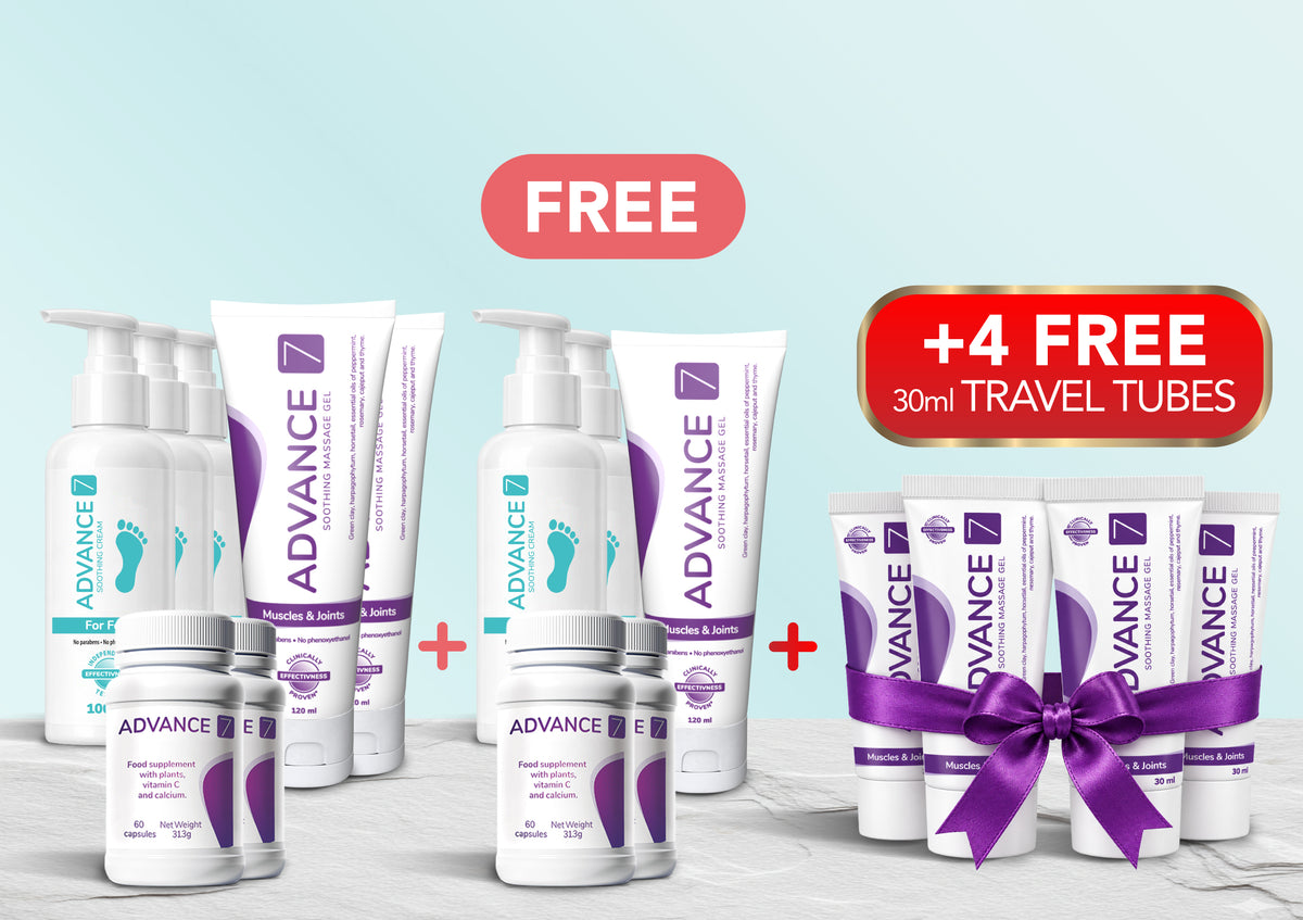 Advance7 Foot Relief ULTIMATE Programme with four free 30ml travel tubes tied with a bow