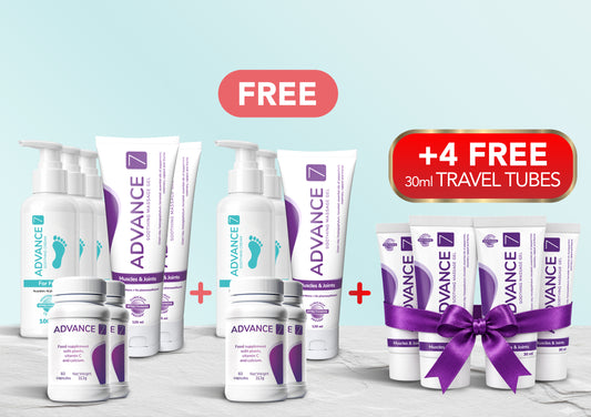 Advance7 Foot Relief ULTIMATE Programme with four free 30ml travel tubes tied with a bow