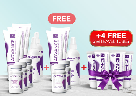 Advance7 ULTIMATE Relief Programme with four free 30ml travel tubes tied with a bow